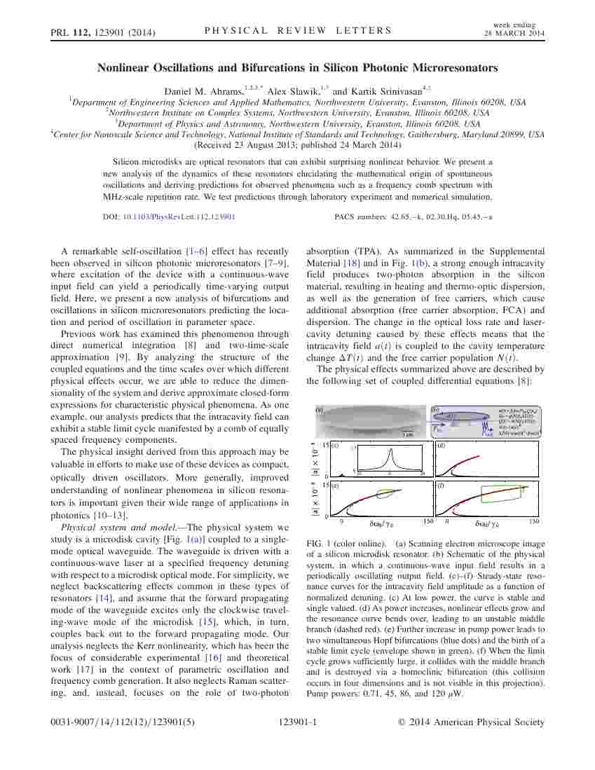 Abrams Slawik and Srinivasan - Nonlinear Oscillations and Bifurcations in Silicon Photonic Microresonators - PRL 112, 123901 (2014)